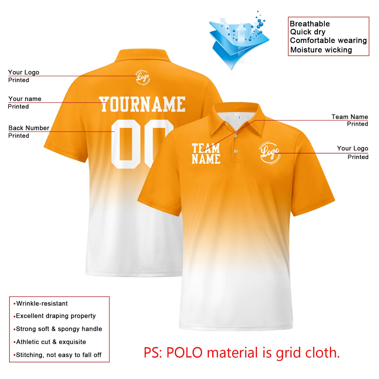 Custom Orange White Football Gradient Polo Shirts  Add Your Unique Logo/Name/Number