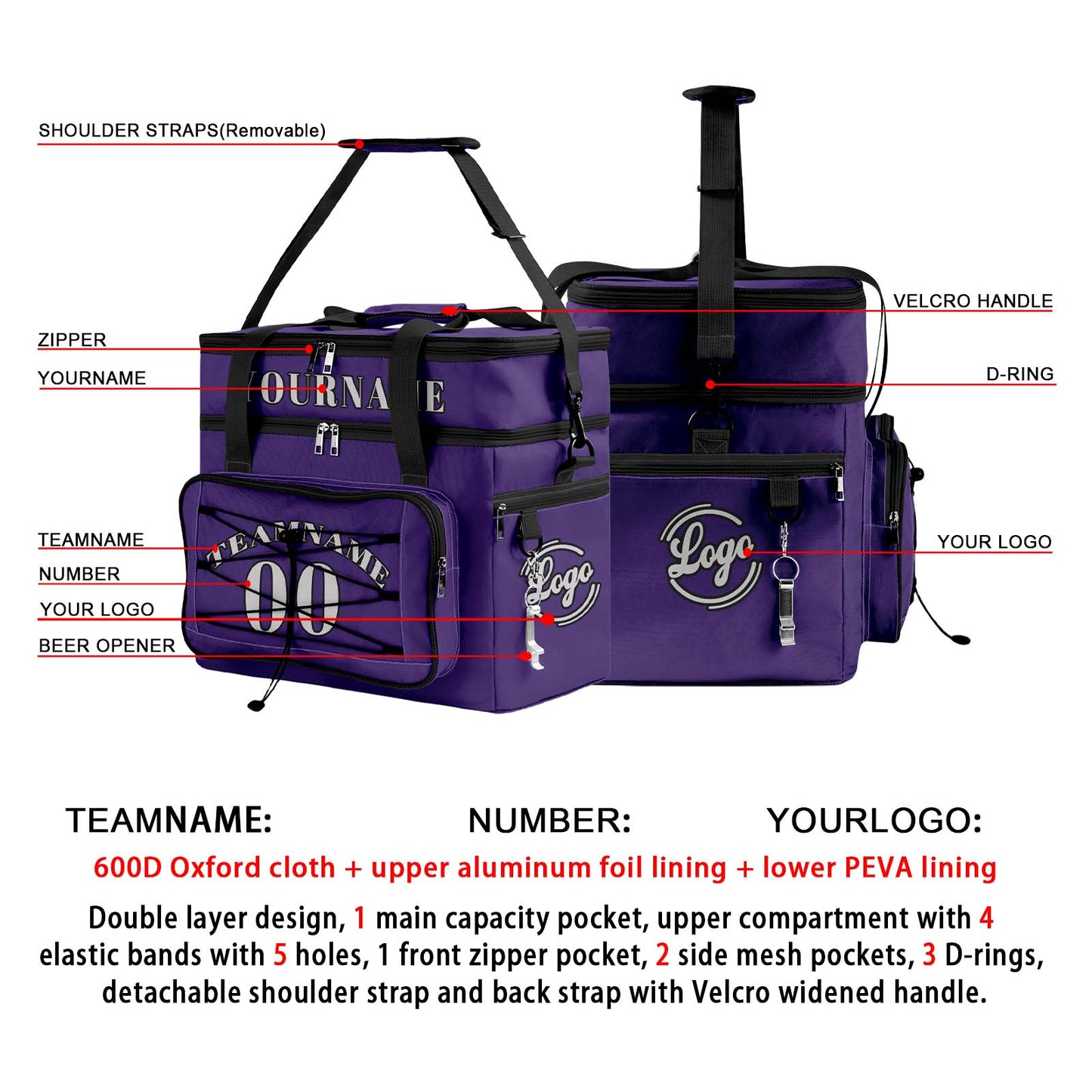 Custom Purple Black All-Over Print Double Layer Insulated Cooler Bag - Waterproof 600D Oxford Picnic Tote for Team Events & Outdoor BBQ