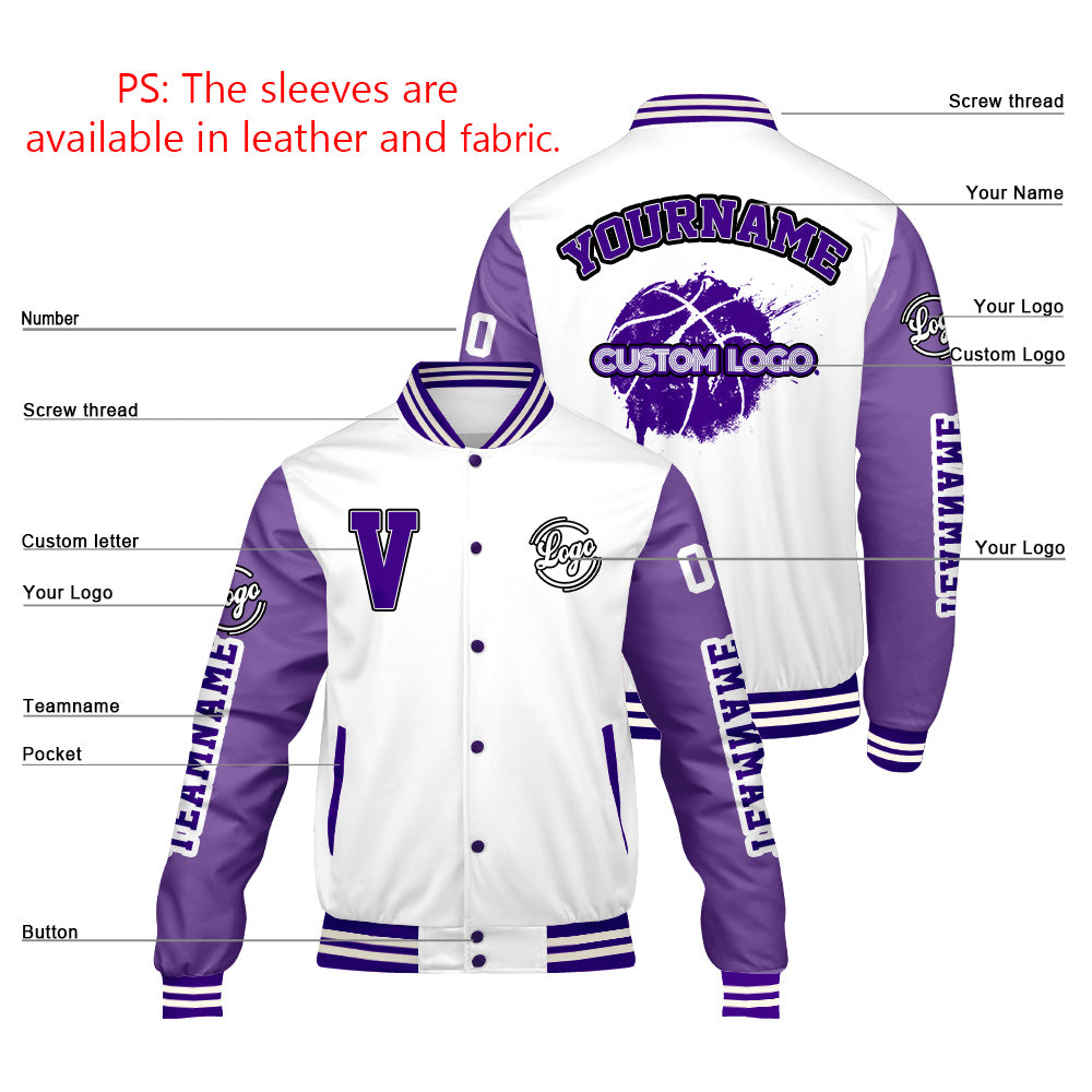 Custom White Purple Varsity Jackets for Men Women Youth Personalized Letterman Jackets