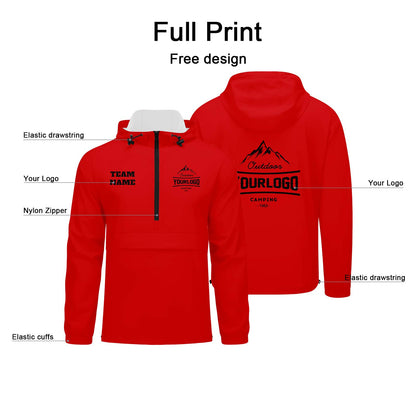 Custom Red Windproof Softshell  Hooded Jacket - Lightweight Full - Zip, Full Print Logos & Texts