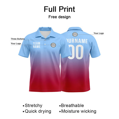 Custom Light Blue Red Football Gradient Polo Shirts  Add Your Unique Logo/Name/Number