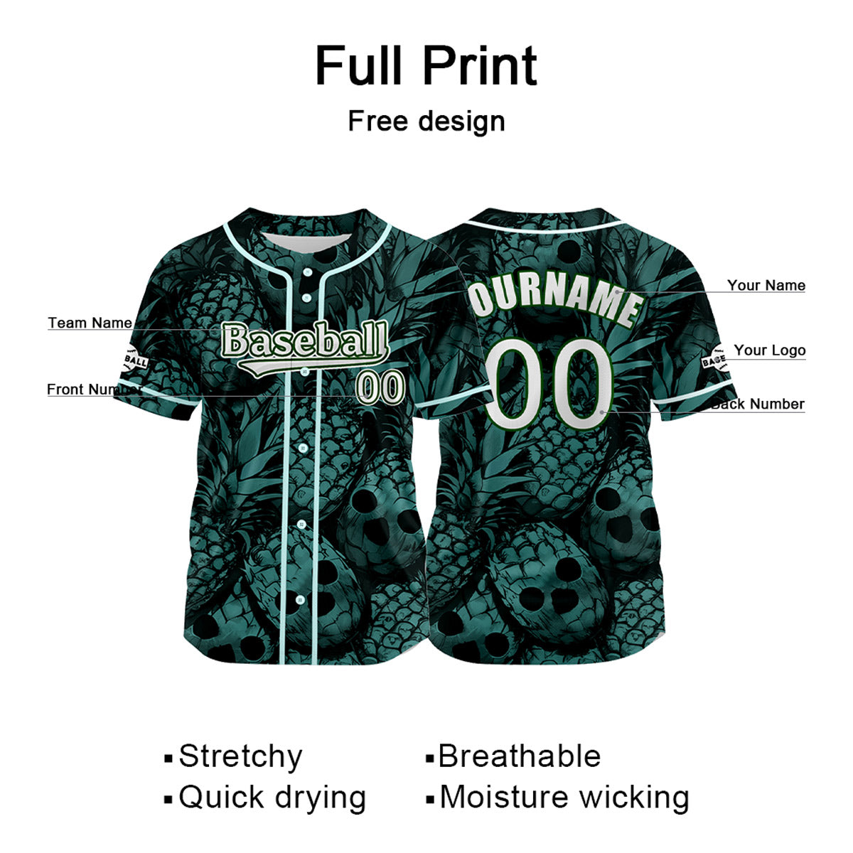 Custom Green Baseball Jersey Print Personalized Name, Number and Logo