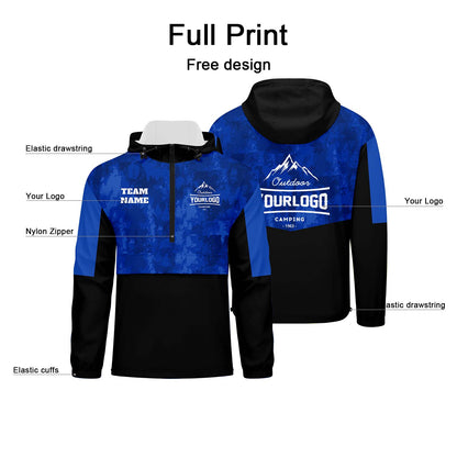Custom Blue Camouflage Windproof Softshell  Hooded Jacket - Lightweight Full - Zip, Full Print Logos & Texts