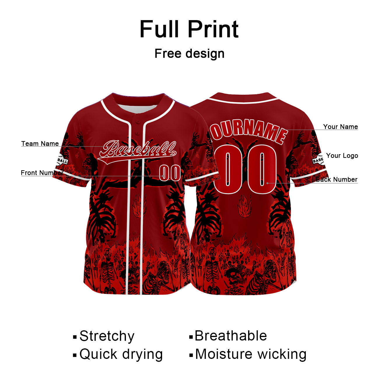 Custom Red Baseball Jersey Print Personalized Name, Number and Logo