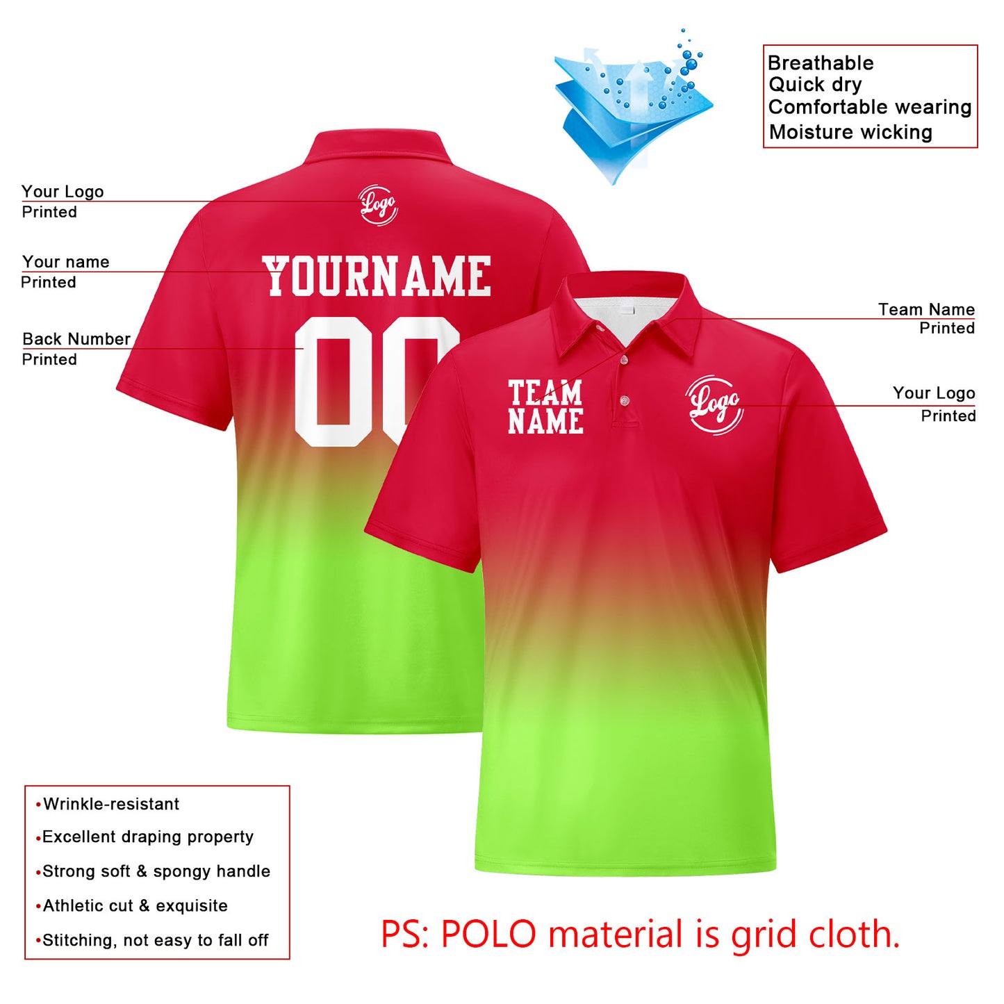 Custom Red Light Green Football Gradient Polo Shirts  Add Your Unique Logo/Name/Number