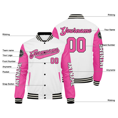 Custom White Pink Varsity Jackets for Men Women Youth Personalized Letterman Jackets