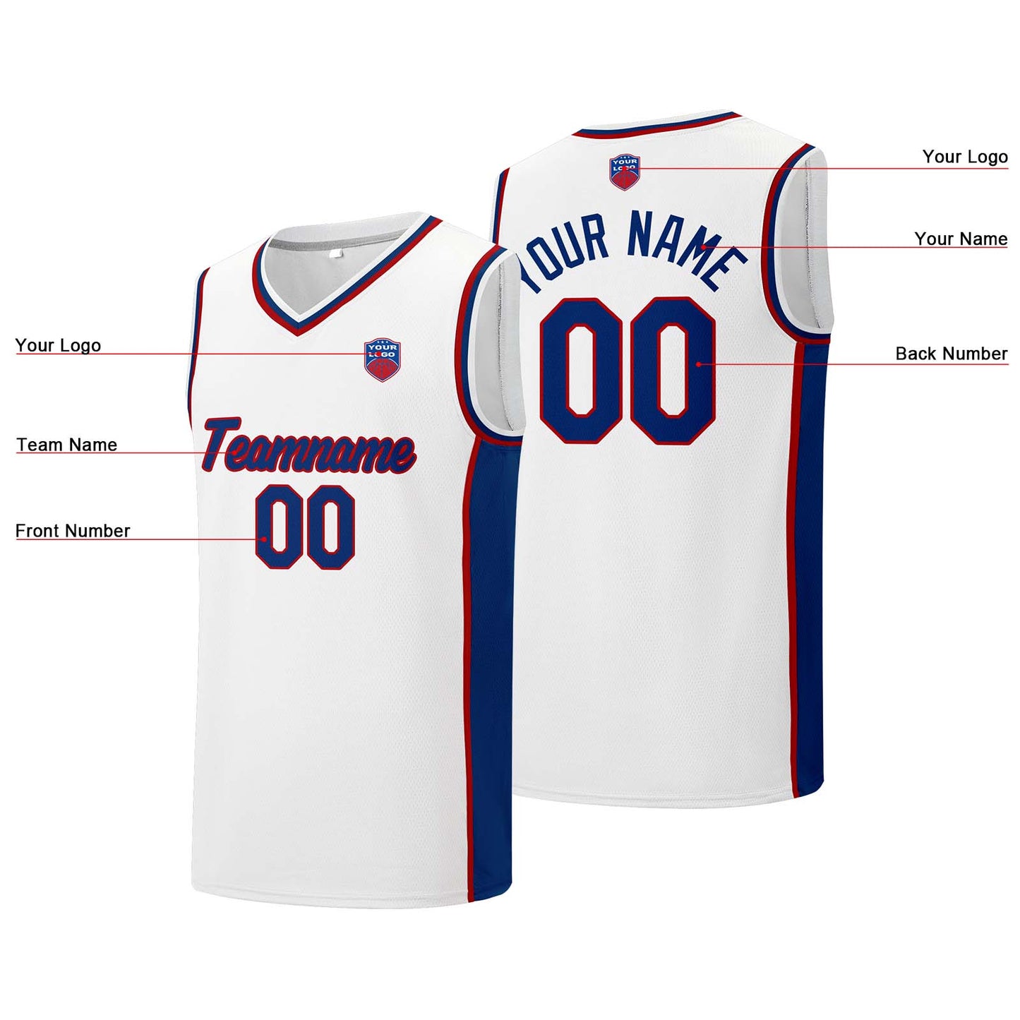 Custom basketball jersey shorts for men and women. Embroidered and printed name, number and logo White