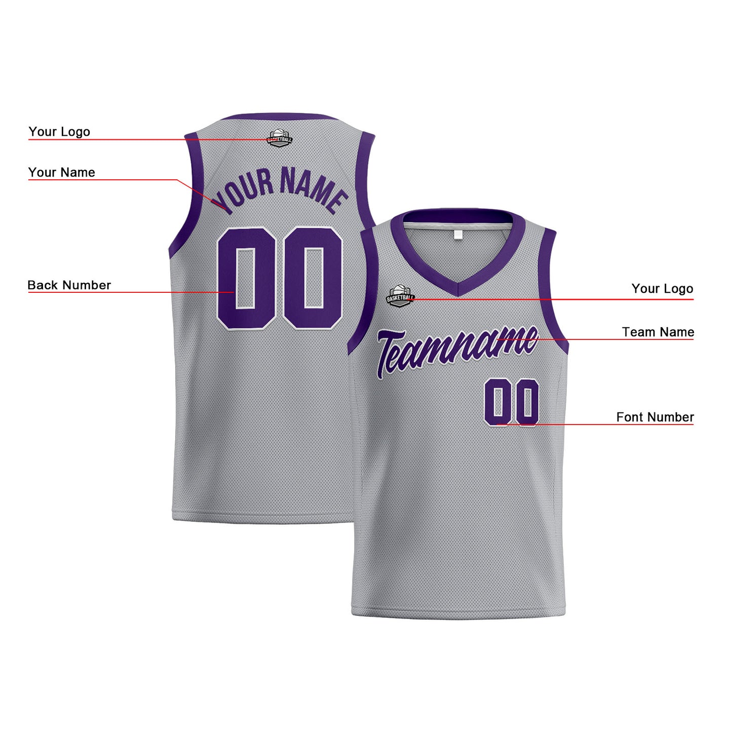 Custom Gray Purple Basketball Jersey for Men Women Adult Youth Stitched Name Number Logo