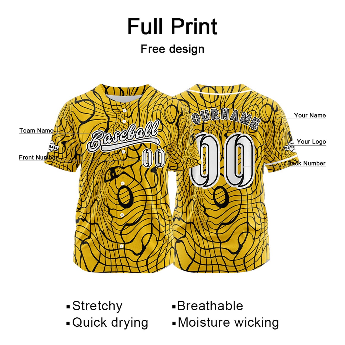 Custom Yellow Button Down Baseball Jersey for Men Women Adult Youth Print Name Number Logo