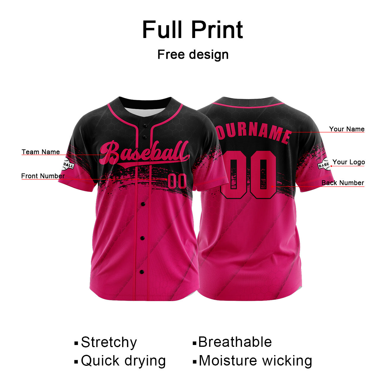 Custom Pink Black Button Down Baseball Jersey for Men Women Adult Youth Print Name Number Logo