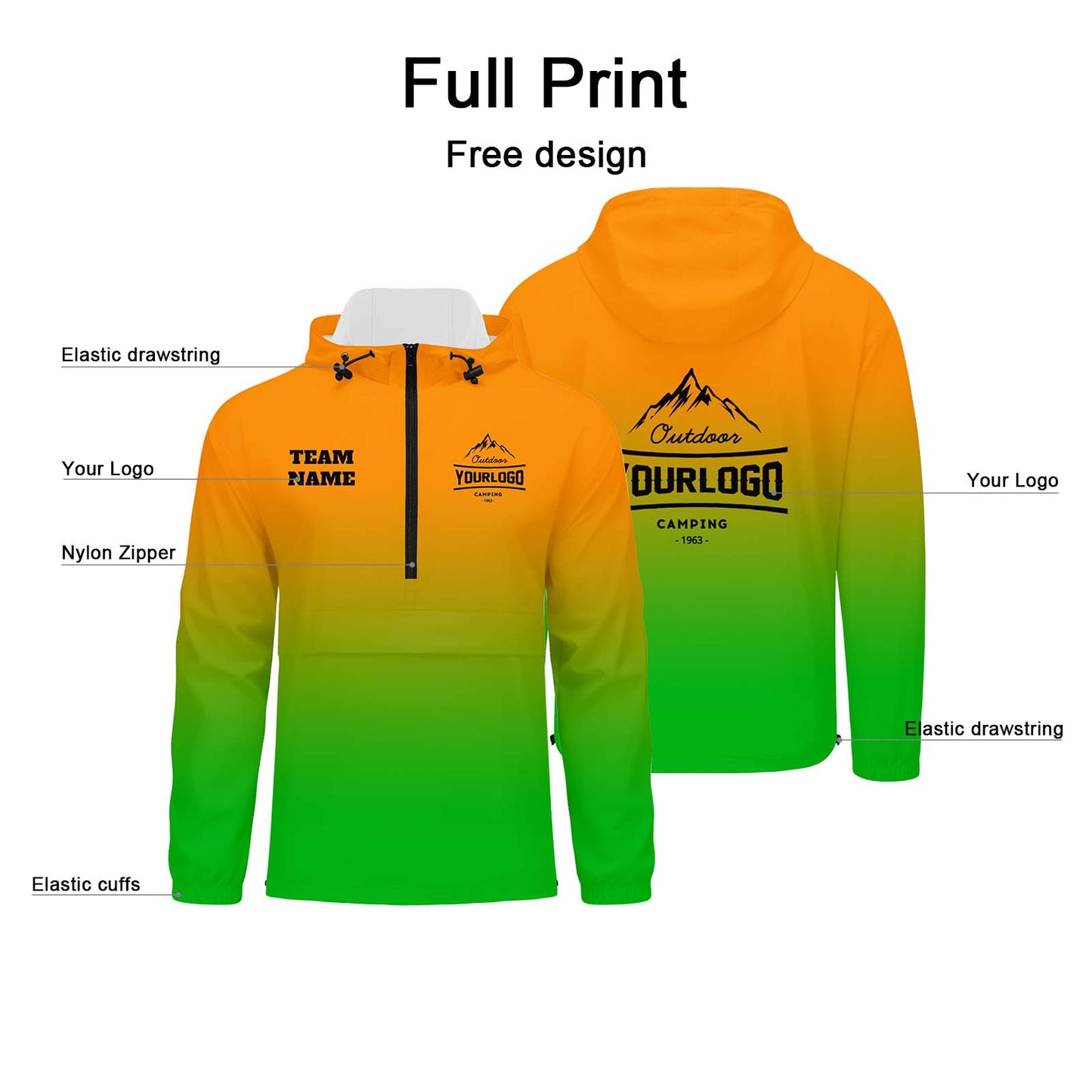 Custom Orange Green Windproof Softshell  Hooded Jacket - Lightweight Full - Zip, Full Print Logos & Texts