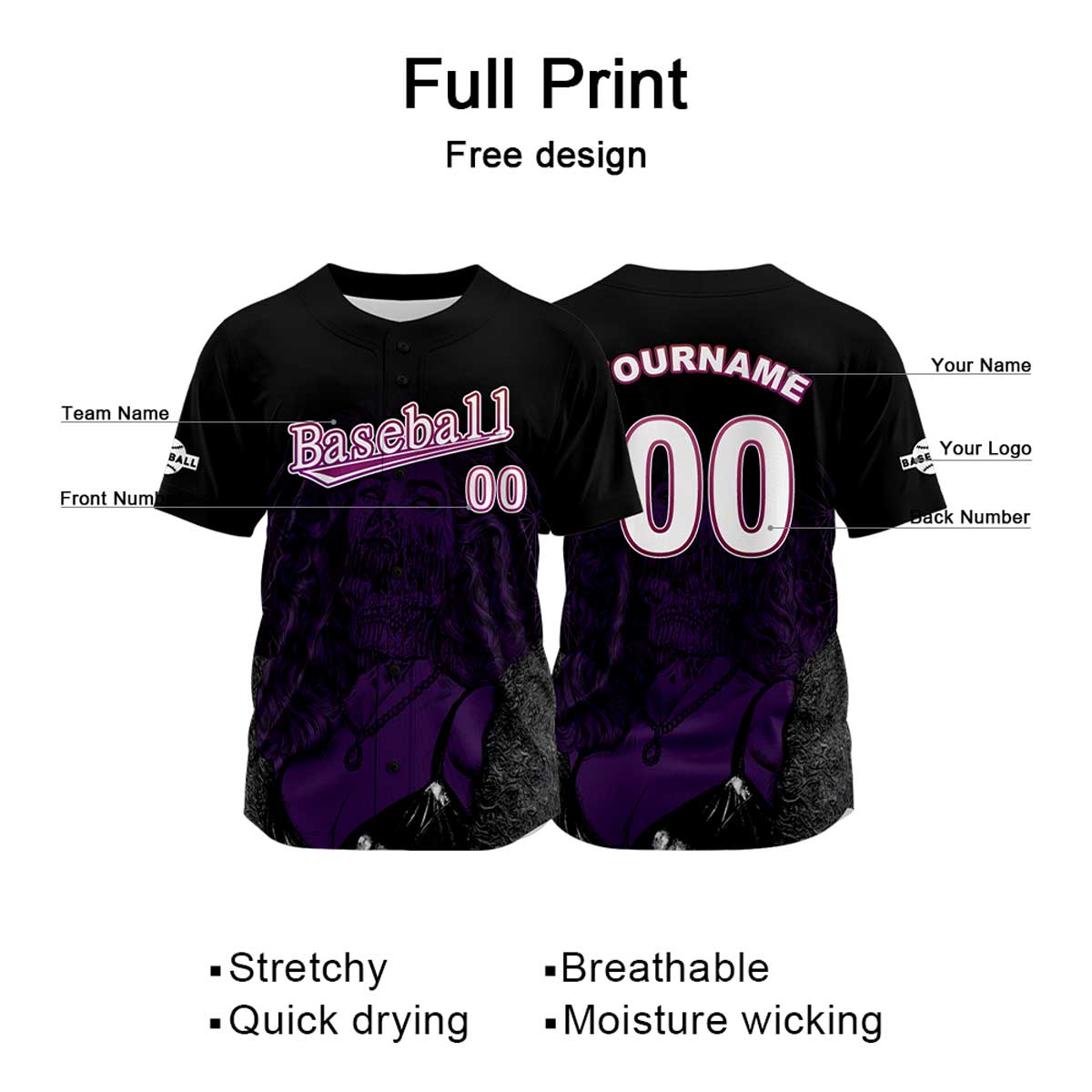 Custom Black Baseball Jersey Print Personalized Name, Number and Logo