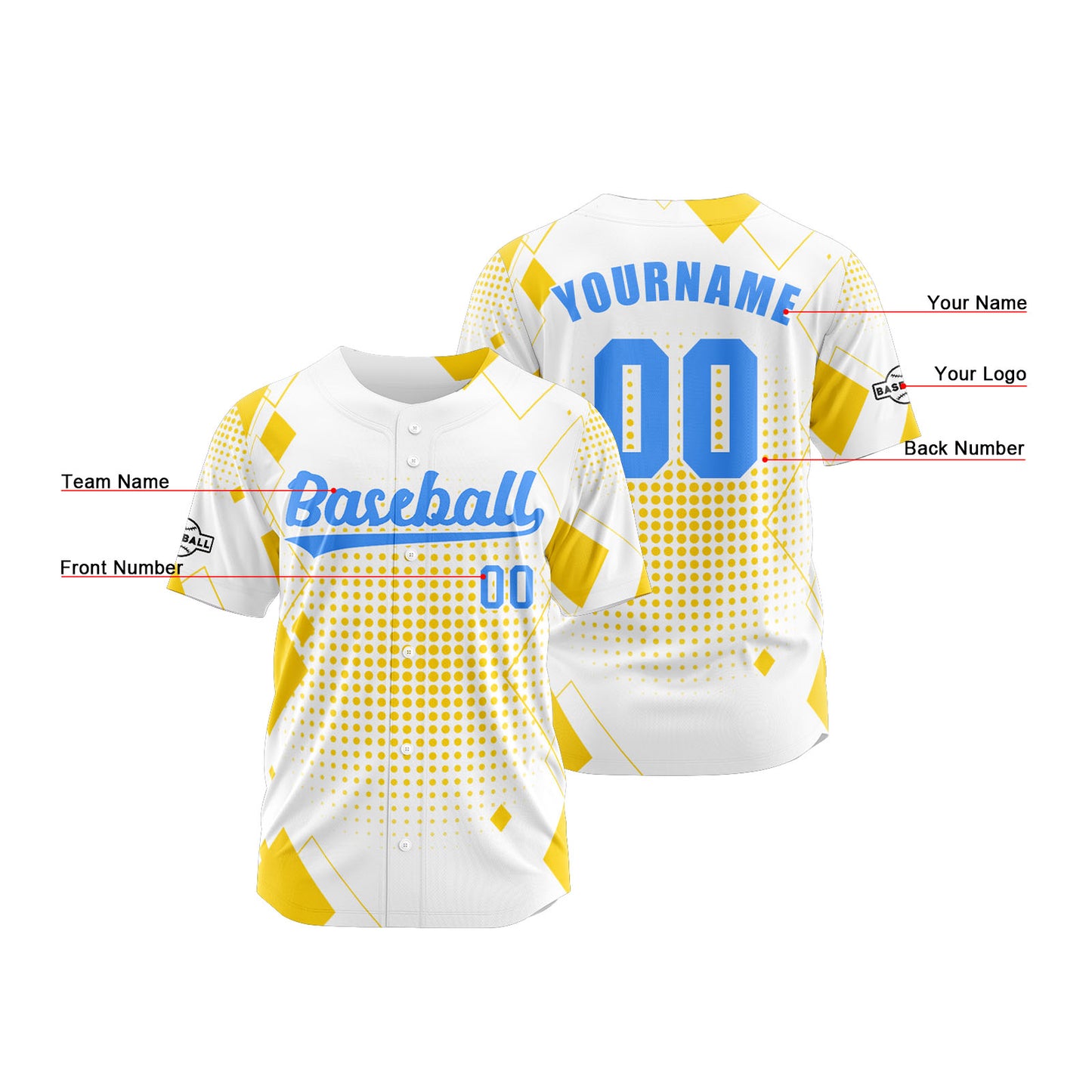 Custom White Yellow Button Down Baseball Jersey for Men Women Adult Youth Print Name Number Logo