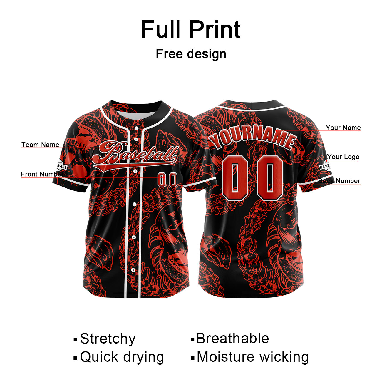 Custom Red Button Down Baseball Jersey for Men Women Adult Youth Print Name Number Logo