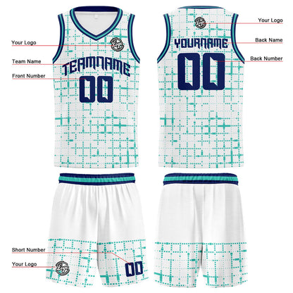 Custom White Teal Navy Reversible Basketball Suit for Adults and Kids Personalized Jersey
