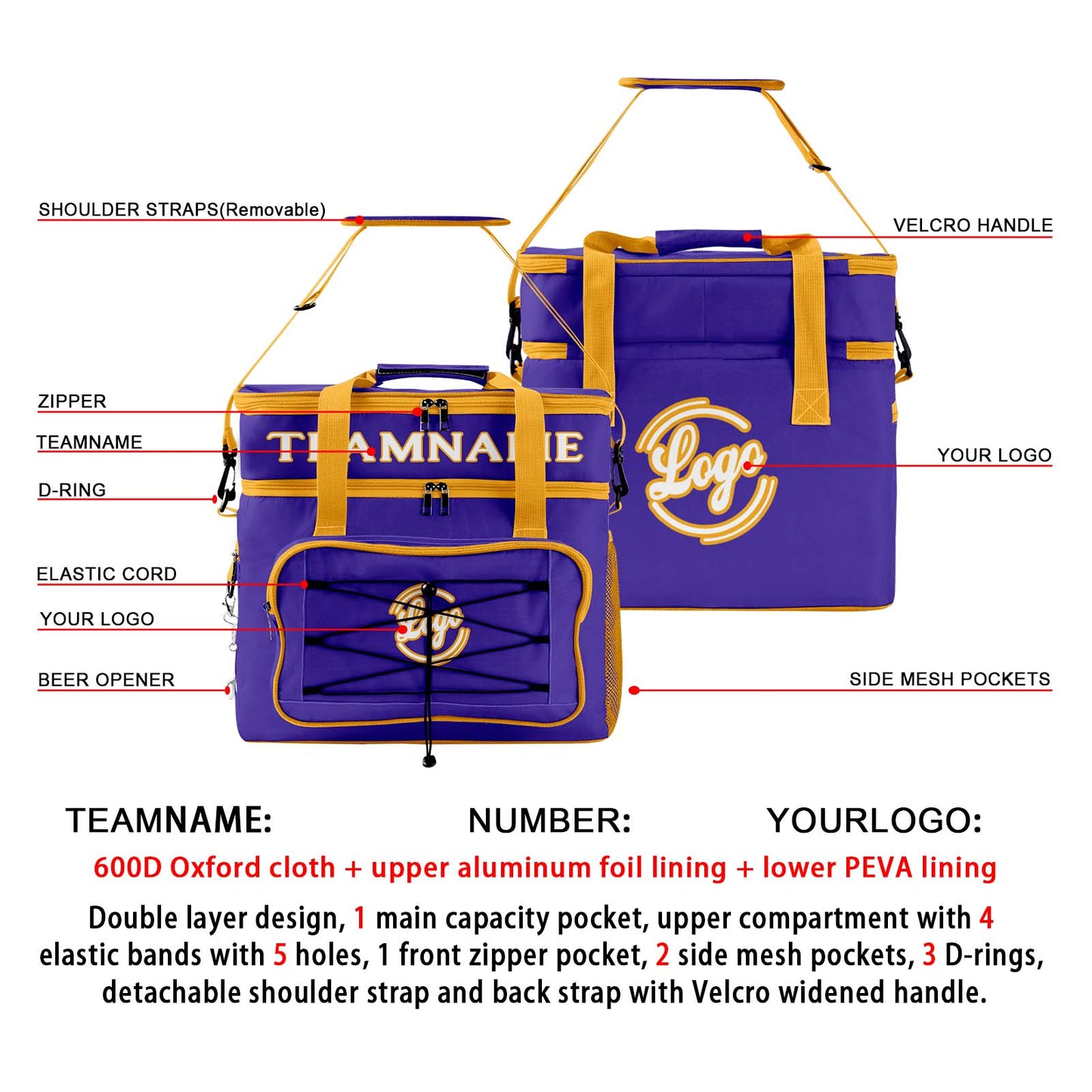 Portable Double Layer Cooler Bag - Waterproof Insulated Picnic Tote for Camping & Family Outings Purple Yellow