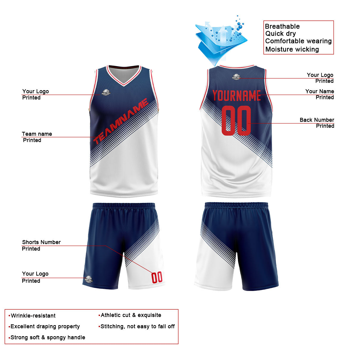 Custom Navy White Reversible Basketball Suit for Adults and Kids Personalized Jersey