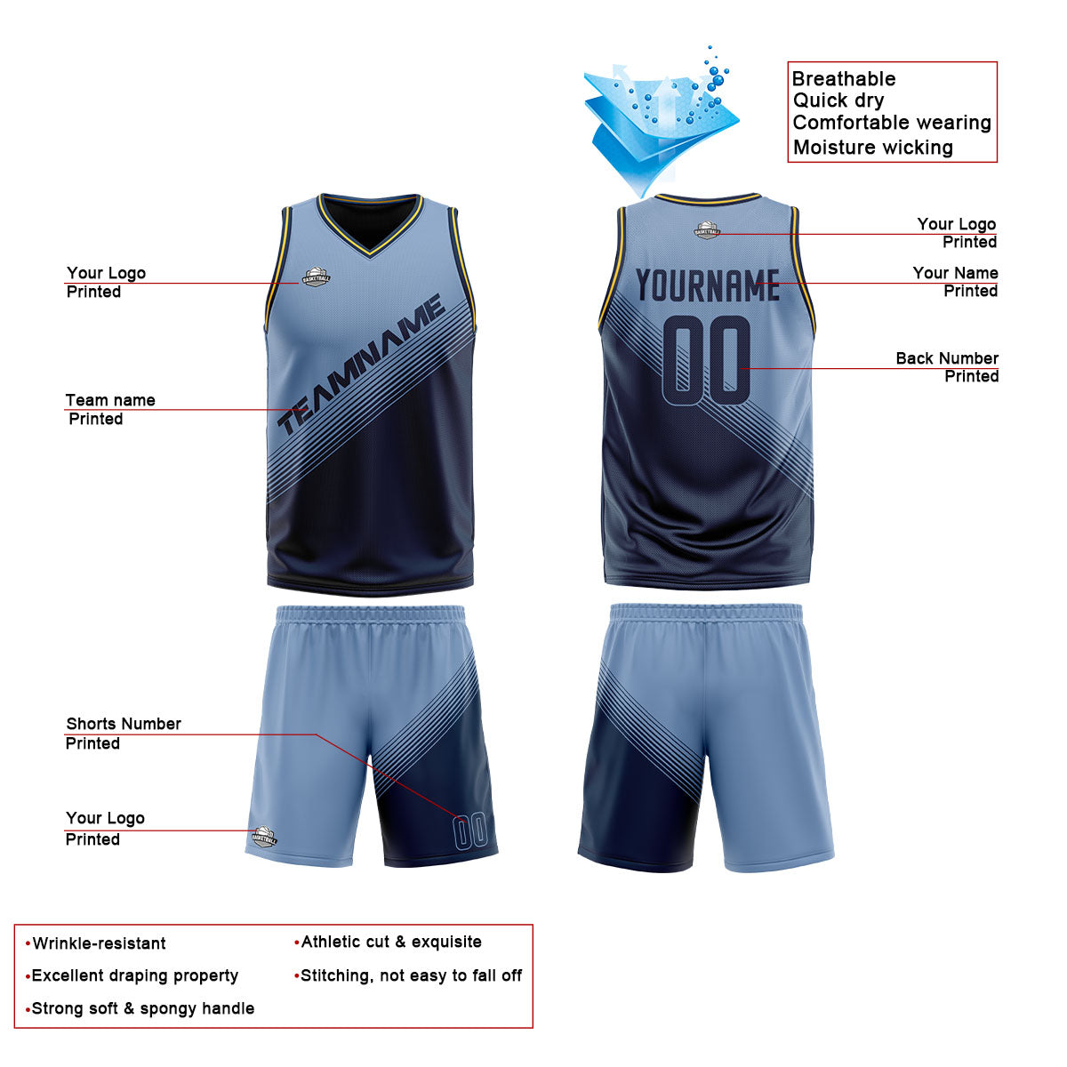 Custom Blue Reversible Basketball Suit for Adults and Kids Personalized Jersey