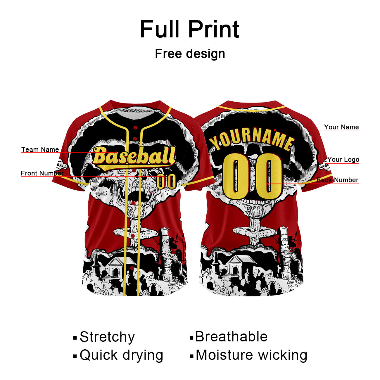 Custom Red Baseball Jersey Print Personalized Name, Number and Logo