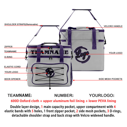 Custom Gray Purple Double Layer Insulated Cooler Bag - 600D Oxford Waterproof Picnic Tote for Camping, Hiking & BBQ - Large Capacity Thermal Lunch Bag