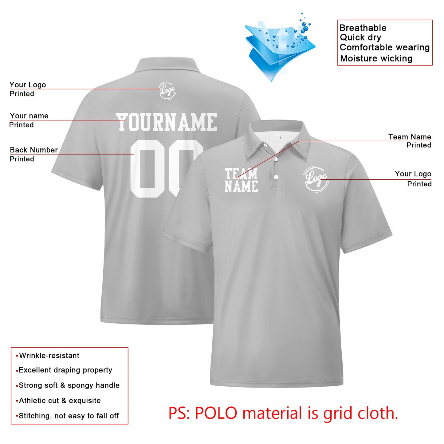 Custom Light Grey White Football Polo Shirts  Add Your Unique Logo/Name/Number
