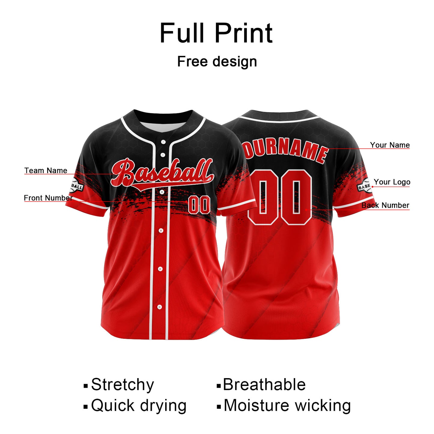 Custom Red Black Button Down Baseball Jersey for Men Women Adult Youth Print Name Number Logo
