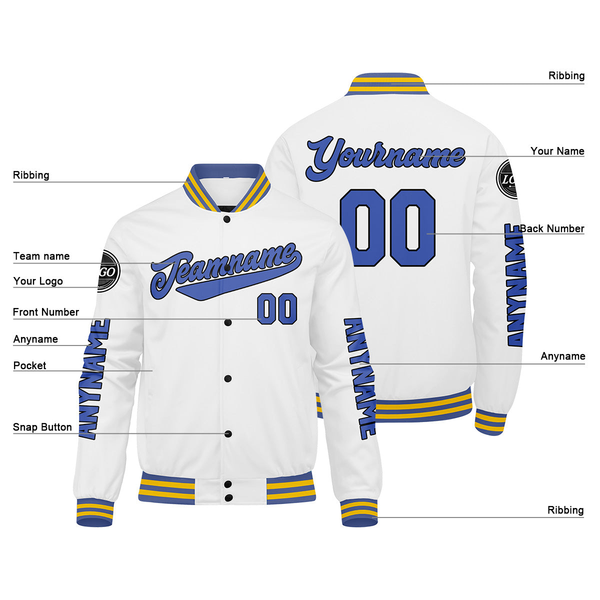 Custom White Blue Varsity Jackets for Men Women Youth Personalized Letterman Jackets