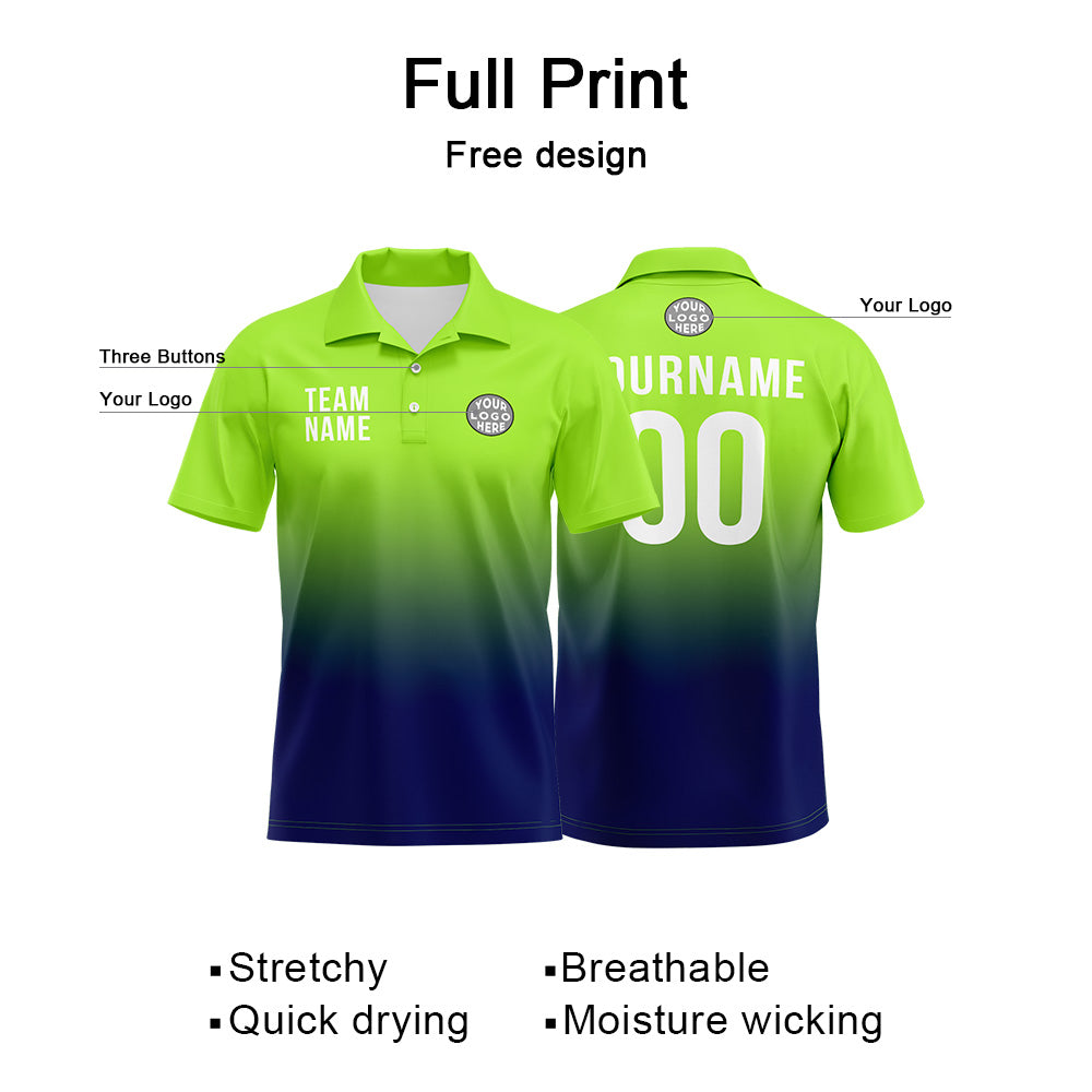 Custom Neon Green Navy Football Gradient Polo Shirts  Add Your Unique Logo/Name/Number