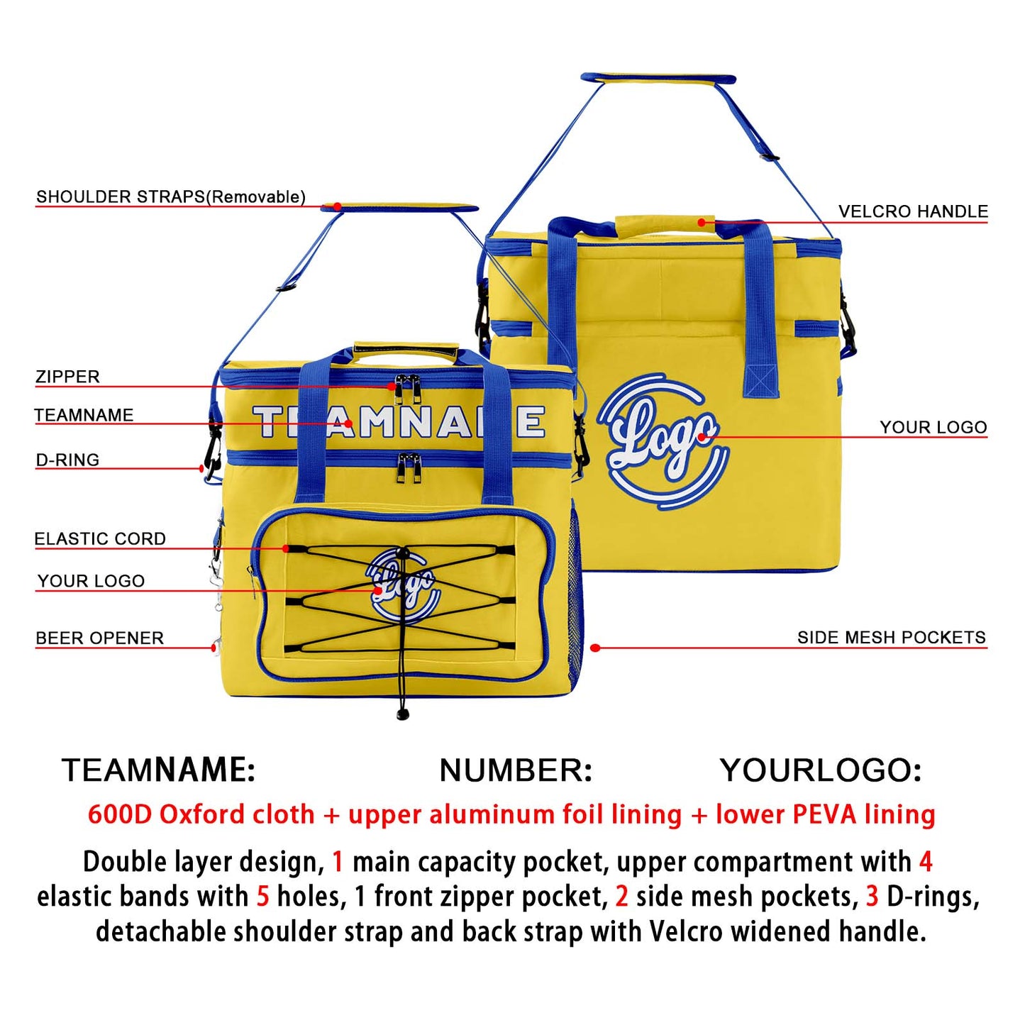 Custom Yellow Blue Double Layer Insulated Cooler Bag - 600D Oxford Waterproof Picnic Tote for Camping, Hiking & BBQ - Large Capacity Thermal Lunch Bag