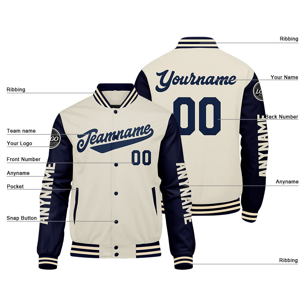 Custom Navy Cream Varsity Jackets for Men Women Youth Personalized Letterman Jackets