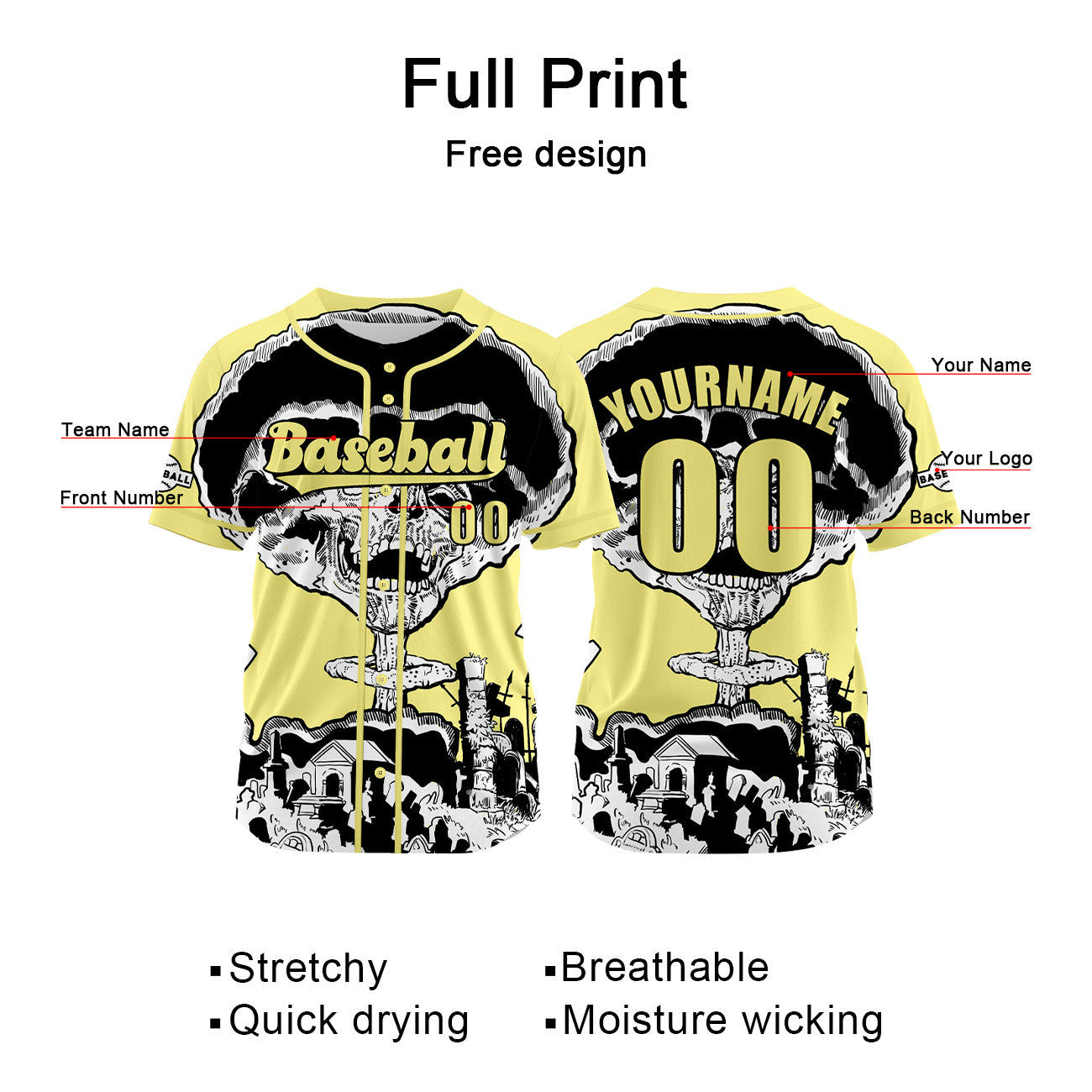 Custom Yellow Baseball Jersey Print Personalized Name, Number and Logo