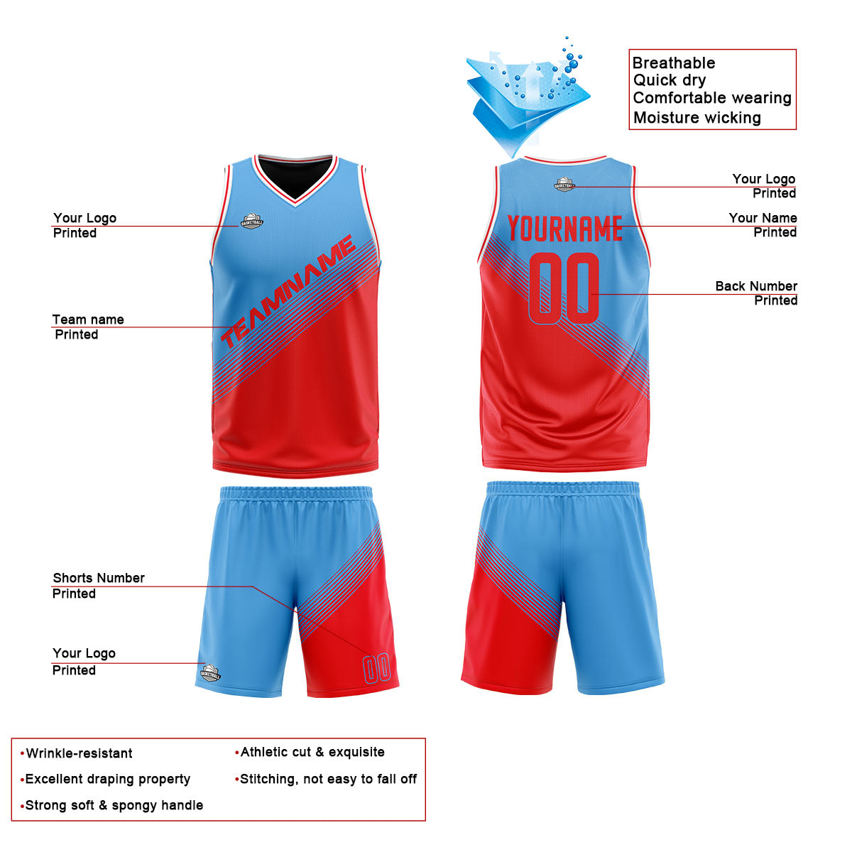 Custom Blue Red Reversible Basketball Suit for Adults and Kids Personalized Jersey