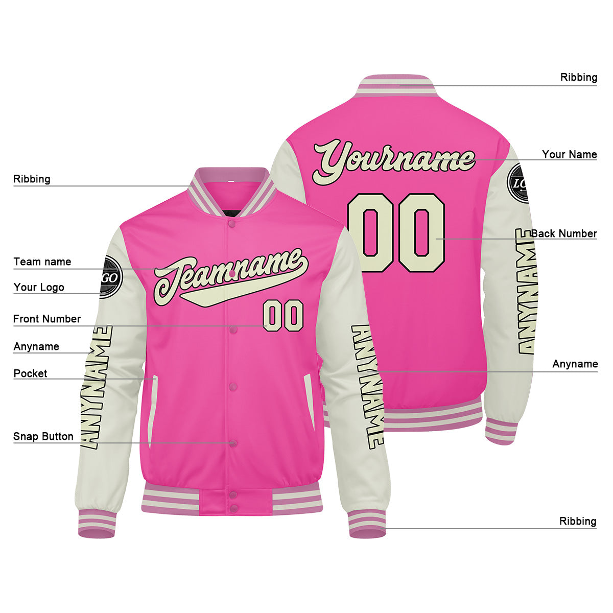 Custom Pink Cream Varsity Jackets for Men Women Youth Personalized Letterman Jackets