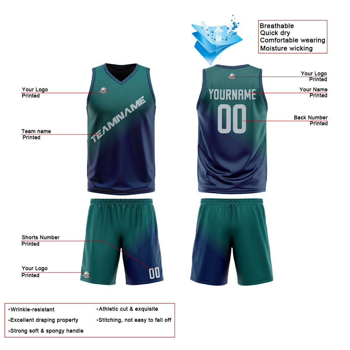 Custom Green Blue Reversible Basketball Suit for Adults and Kids Personalized Jersey