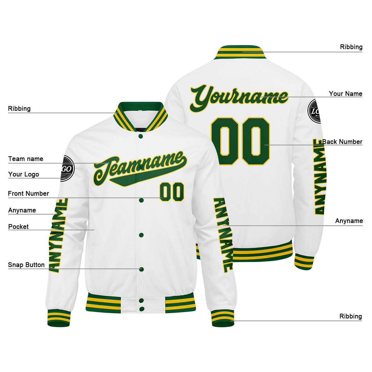 Custom Green Yellow White Varsity Jackets for Men Women Youth Personalized Letterman Jackets