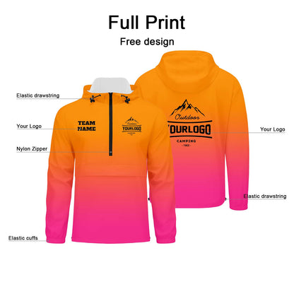 Custom Orange Pink Windproof Softshell  Hooded Jacket - Lightweight Full - Zip, Full Print Logos & Texts