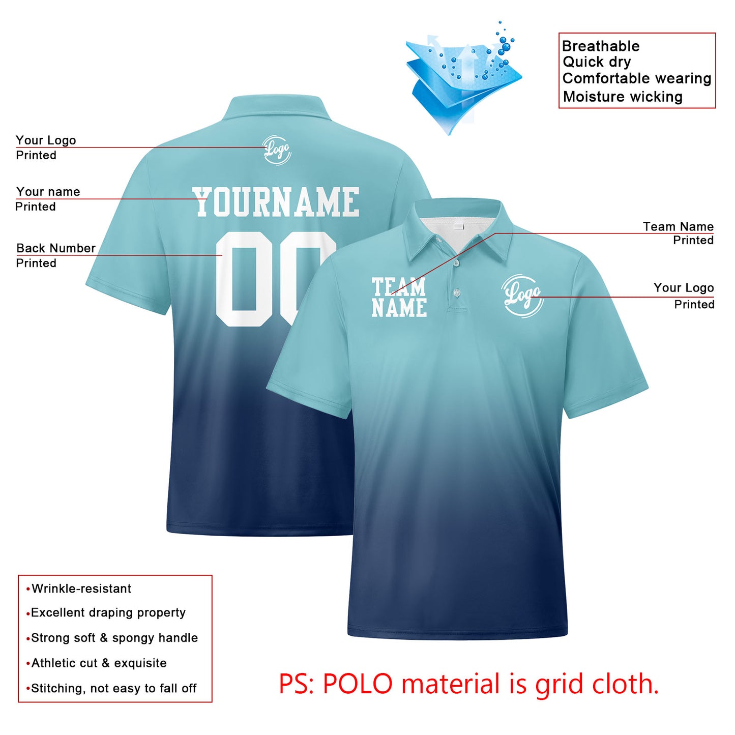 Custom Light Blue Navy Football Gradient Polo Shirts  Add Your Unique Logo/Name/Number