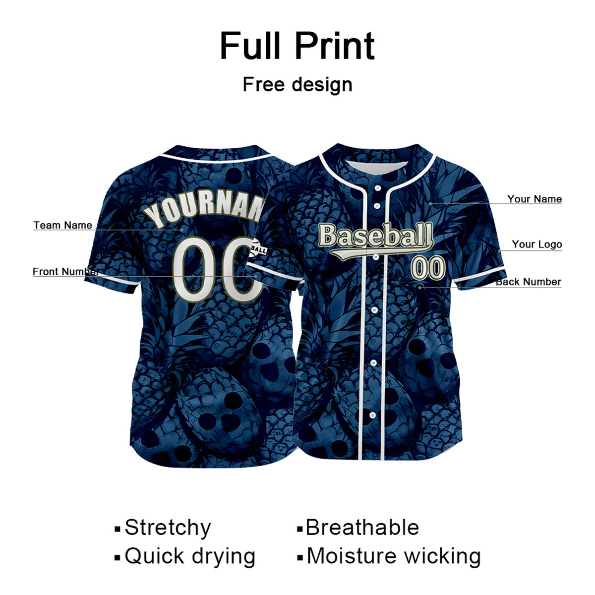 Custom Navy Blue Baseball Jersey Print Personalized Name, Number and Logo