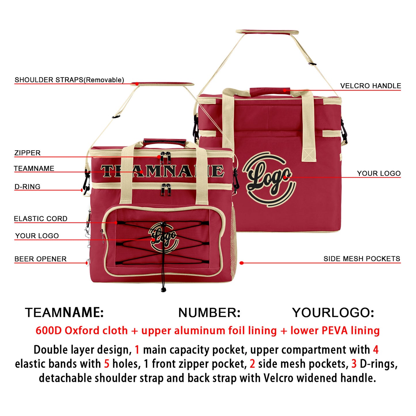 Custom Red Cream Double Layer Insulated Cooler Bag - 600D Oxford Waterproof Picnic Tote for Camping, Hiking & BBQ - Large Capacity Thermal Lunch Bag