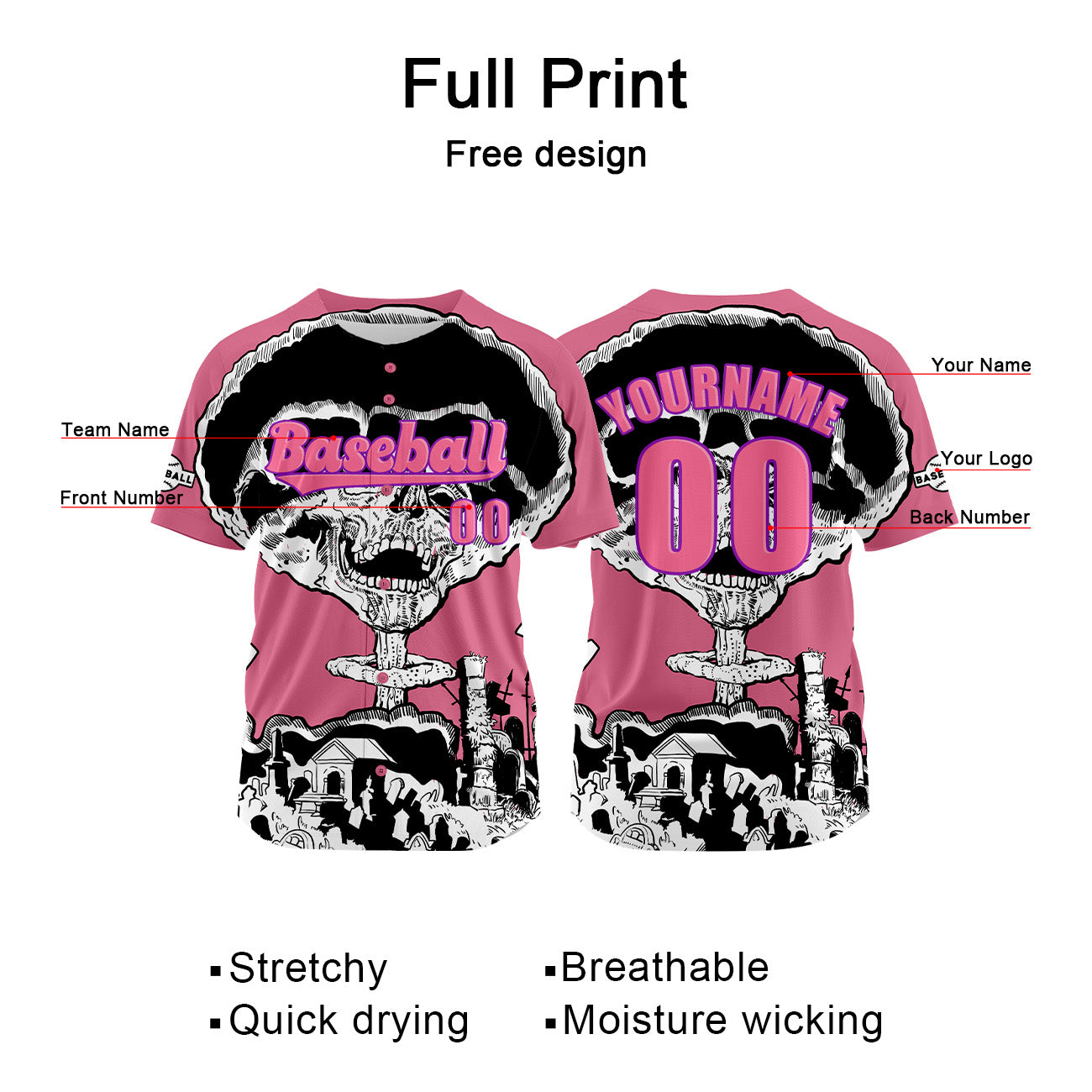Custom Pink Baseball Jersey Print Personalized Name, Number and Logo