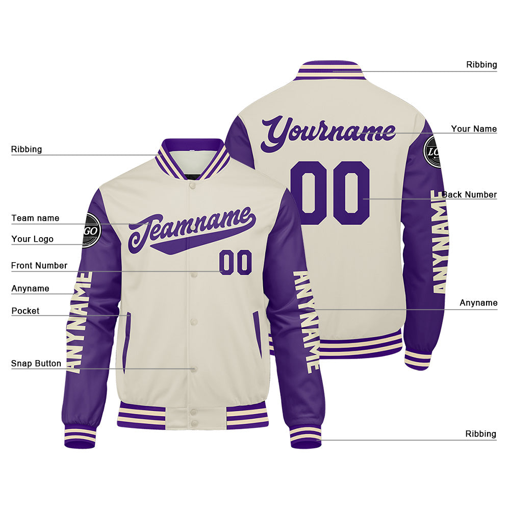 Custom Purple Cream Varsity Jackets for Men Women Youth Personalized Letterman Jackets
