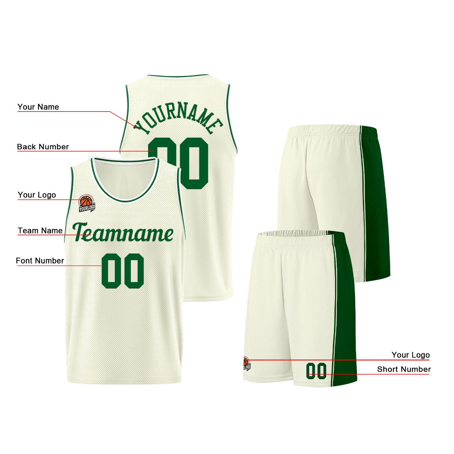 Custom Cream-Green Basketball Jersey for Men Women Adult Youth Stitched Name Number Logo