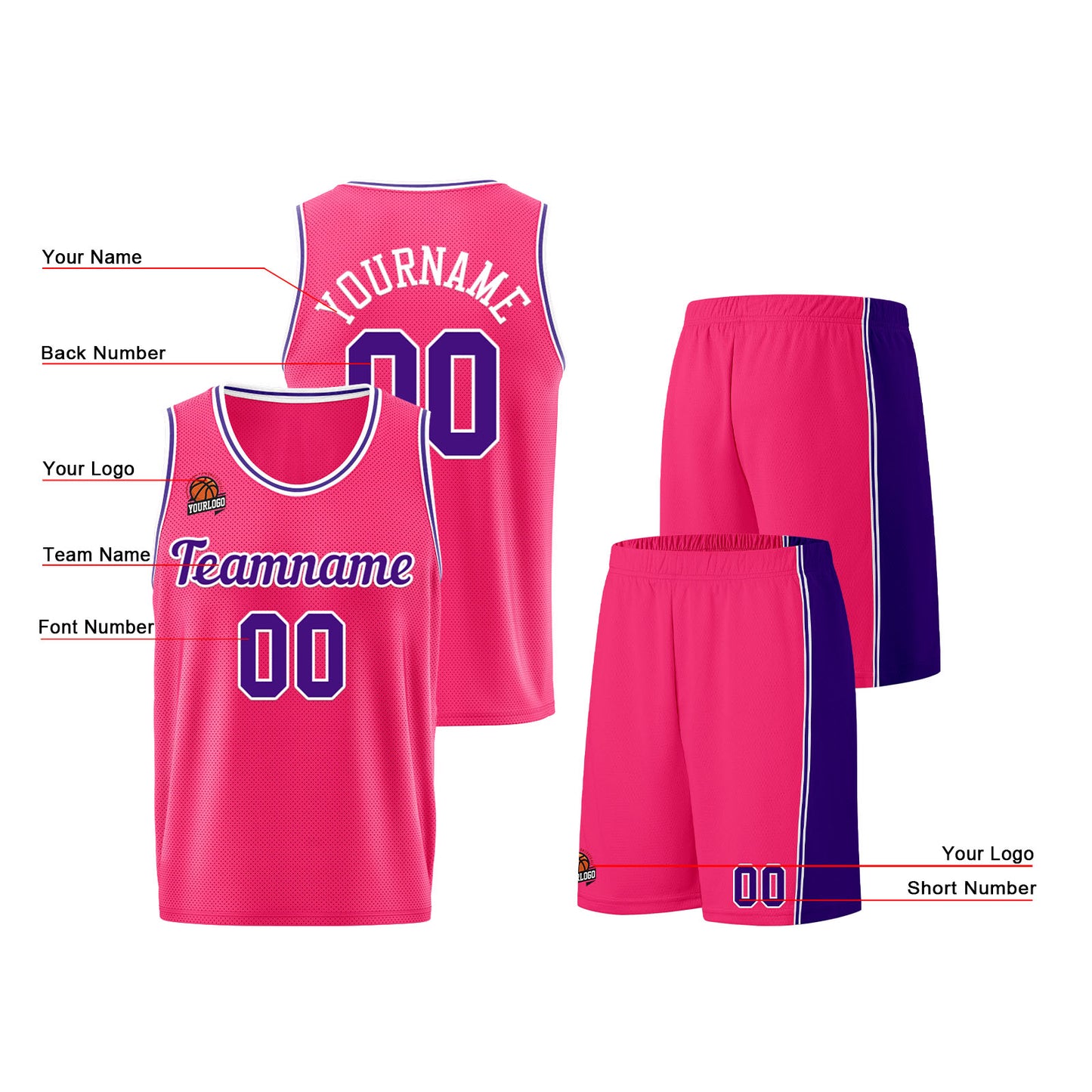 Custom Pink-Purple Basketball Jersey for Men Women Adult Youth Stitched Name Number Logo