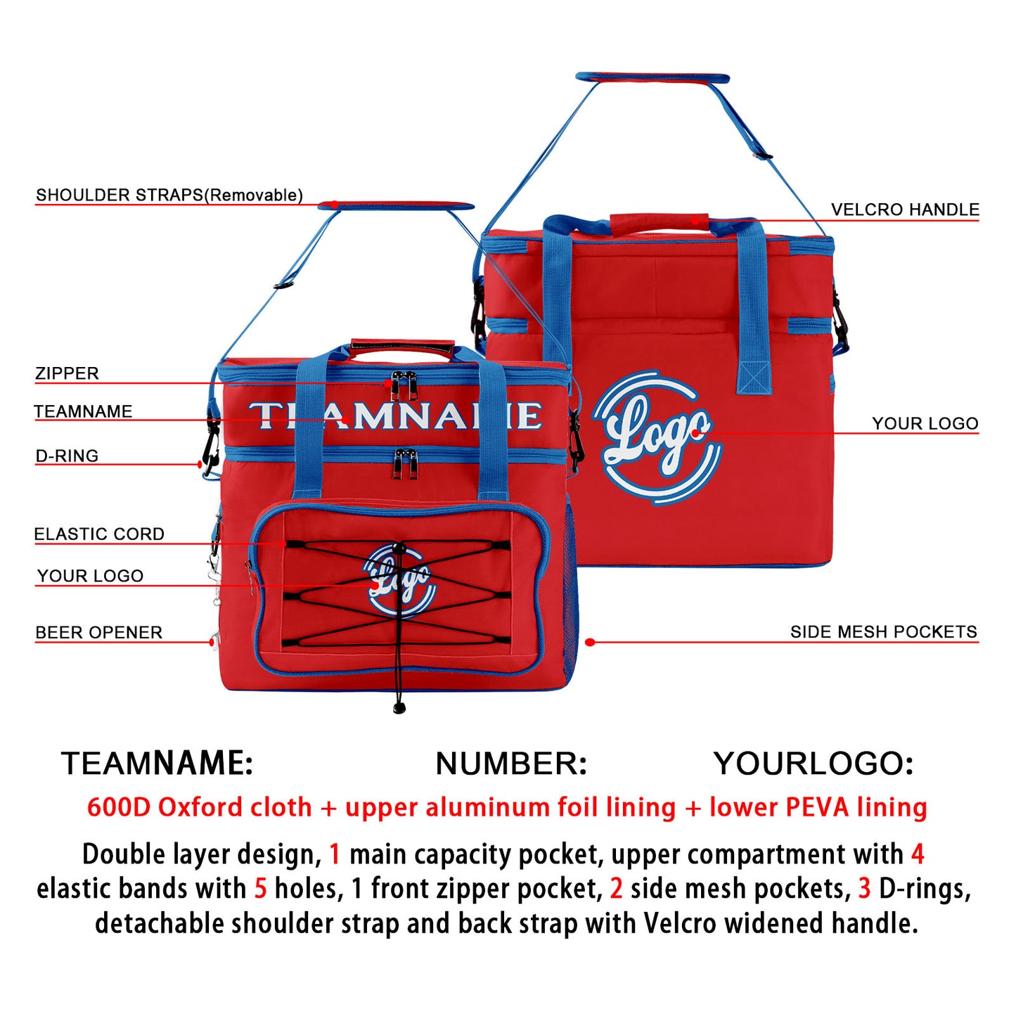 Portable Double Layer Cooler Bag - Waterproof Insulated Picnic Tote for Camping & Family Outings Red Blue