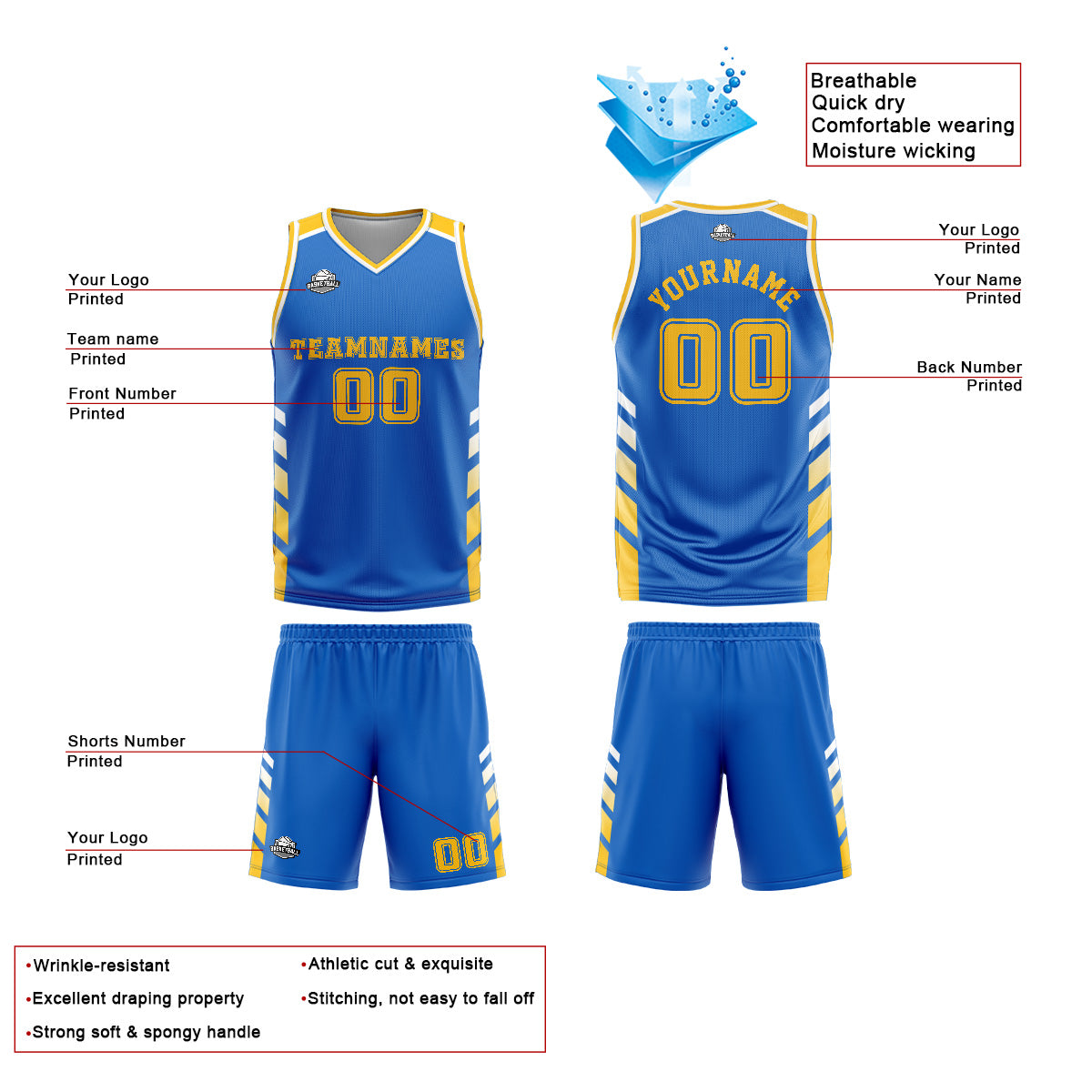 Custom Blue Yellow Basketball Jersey Uniform Suit Printed Your Logo Name Number