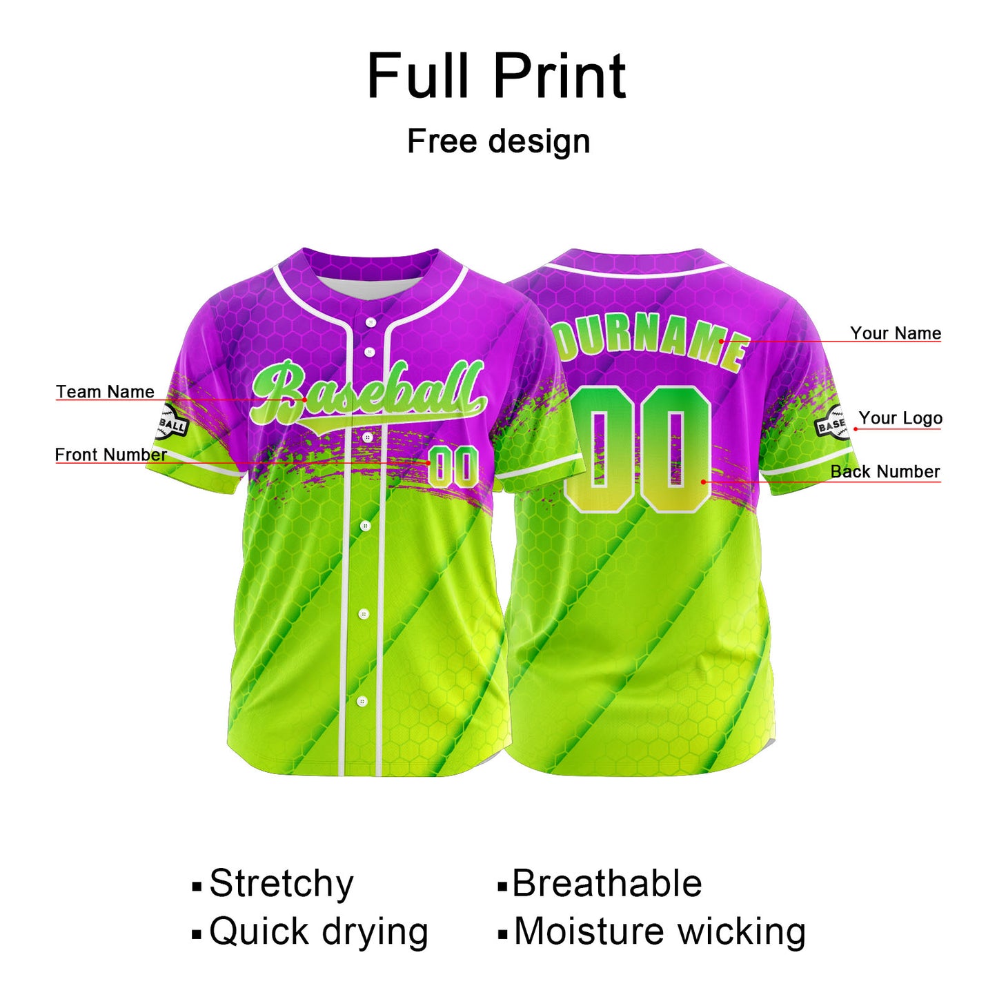 Custom Purple Green Button Down Baseball Jersey for Men Women Adult Youth Print Name Number Logo