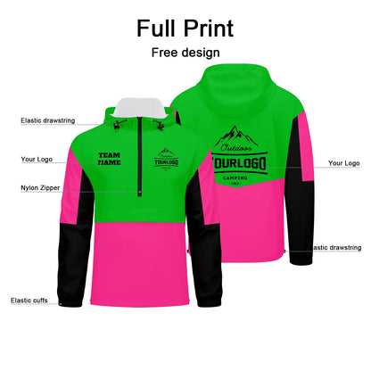 Custom Green Pink Black Windproof Softshell  Hooded Jacket - Lightweight Full - Zip, Full Print Logos & Texts