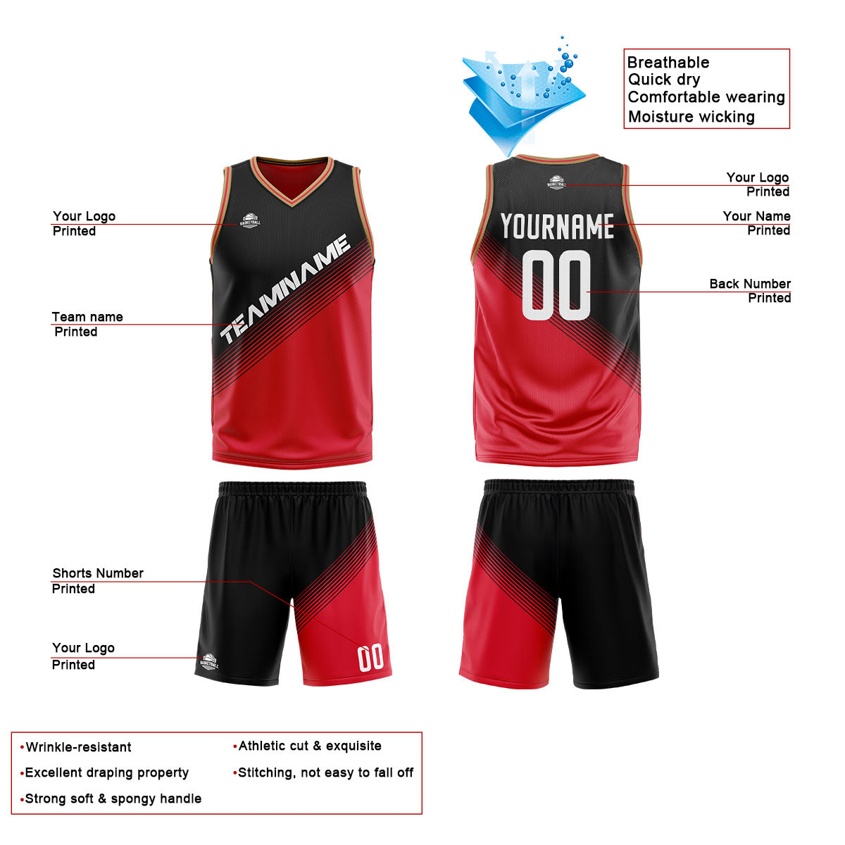 Custom Black Red Reversible Basketball Suit for Adults and Kids Personalized Jersey