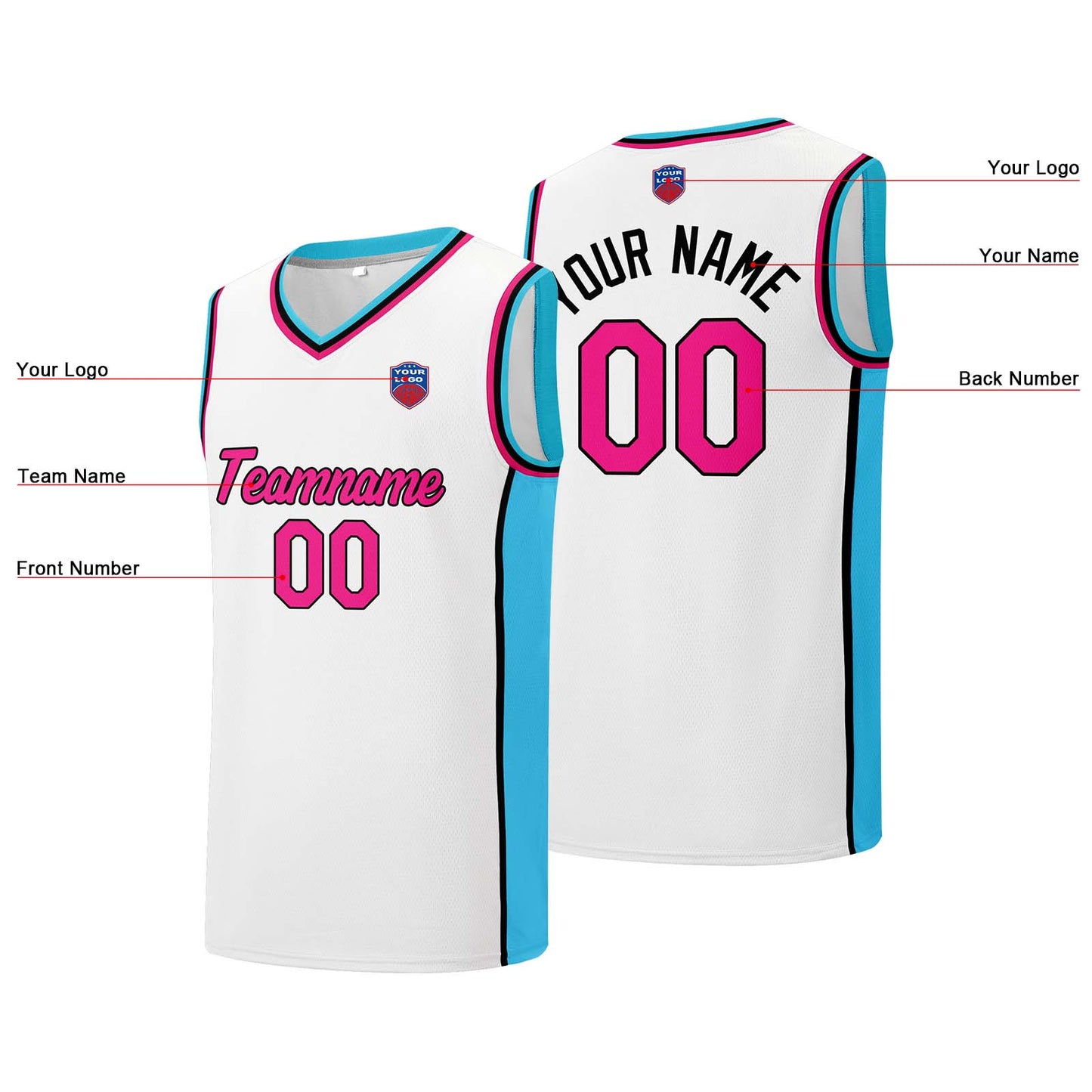 Custom basketball jersey shorts for men and women. Embroidered and printed name, number and logo White