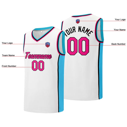 Custom basketball jersey shorts for men and women. Embroidered and printed name, number and logo White